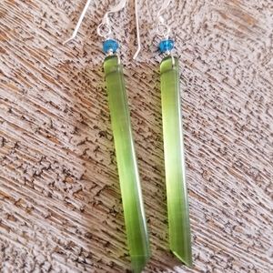 Green Opalite long stick earrings. Neon apatite accent.